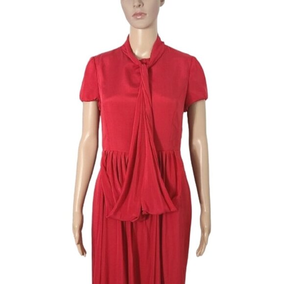 AEFFE SPA Red 100% Silk Pleated Bow Tie Cocktail Dress Women's Size 8 - Picture 5 of 16